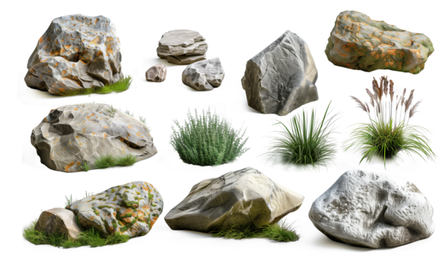 Assorted Isolated Rocks and Plants on Transparent Background - A Transparent PNG Collection of Realistic Stones and Greenery for Landscaping Design
