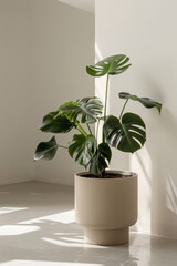 A monstera plant in a beige pot stands against white walls, creating a minimalist interior design accentuated by soft lighting and a strong shadow effect.