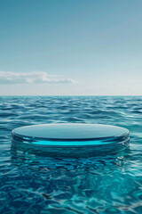 Fototapeta na wymiar A glass podium floats on the water against a backdrop of clear sky and calm sea.