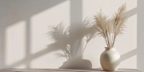 A beige vase with dry grass sits on a wooden table against a white wall, bathed in sunlight, showcasing a modern living room's minimalist design.