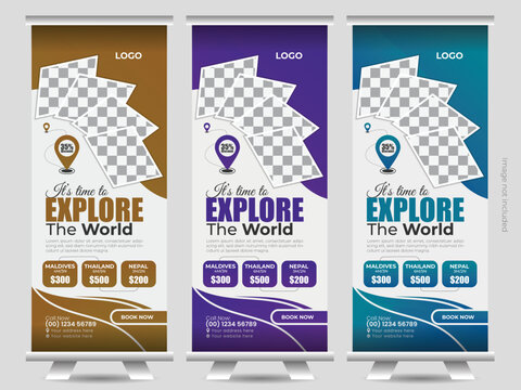 Modern and clean travel agency roll up banner design with multiple color variation.