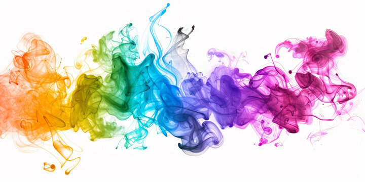 Colorful smoke splashes in rainbow colors are isolated on a white background, accompanied by a colorful ink paint explosion.