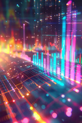 A futuristic financial graph features holographic lines, glowing bar charts, and digital data on an abstract background, representing a concept of stock market, business growth, data analysis.