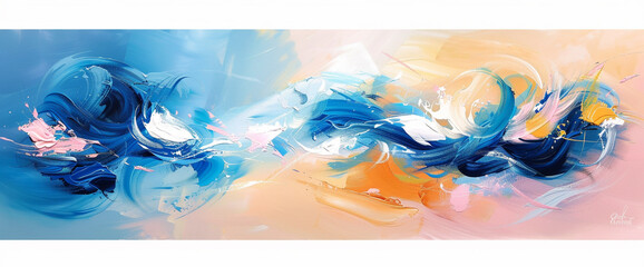 A captivating abstract painting comes to life with swirls of vibrant blue, delicate pink, sunny yellow, and crisp white dancing across a soothing beige and pink background