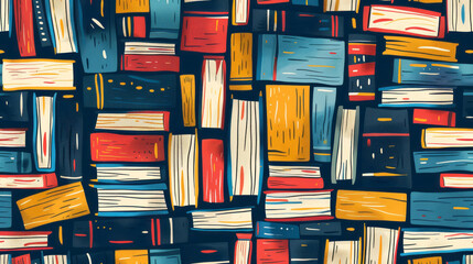An illustration of books stacked on top is designed using bold lines and vibrant colors to create the pattern, against a dark blue background with large white squares. - obrazy, fototapety, plakaty