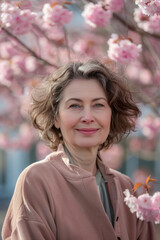 Naklejka premium A beautiful middle-aged woman smiles as she stands under a blooming cherry blossom tree in a spring garden, looking at the camera.