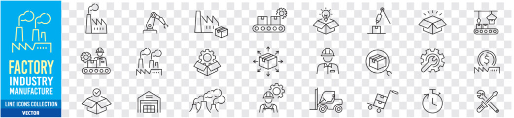 Factory icon set. Industry factory mass production manufacture machine fabrication goods editable stroke line vector icons collection. - obrazy, fototapety, plakaty