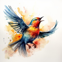 Obraz premium Watercolor Painting of a Flying Songbird