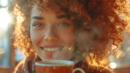 A curly-haired woman savors her coffee, with steam rising from the cup as she smiles contentedly at a cafe table, her face illuminated by the warm glow of natural light.