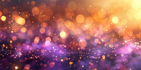 A blurred background of golden and purple lights creates a bokeh effect, crafting an enchanting atmosphere for design projects. - obrazy, fototapety, plakaty