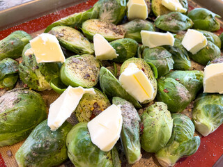 Fresh Brussels Sprouts with Butter Chunks Ready for Roasting - 786770356