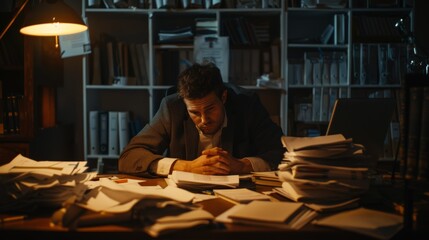 Fototapeta na wymiar An exhausted businessman slumped over his desk late at night, surrounded by mountains of paperwork, the dim light of his lamp casting long shadows that mirror his fatigue.