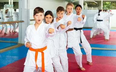 Fototapeta na wymiar Karate kids in kimono standing in row with their trainer in gym.