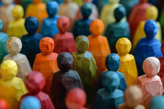 group of wooden sculpture with various colors , diversity, multi cultural, multi racial