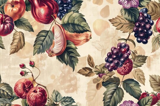 vintageinspired fruit and floral pattern classic ornamental design seamless background digital illustration