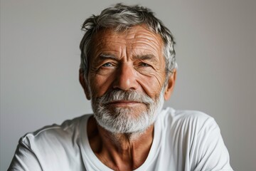Portrait of a senior man with grey hair and a white shirt