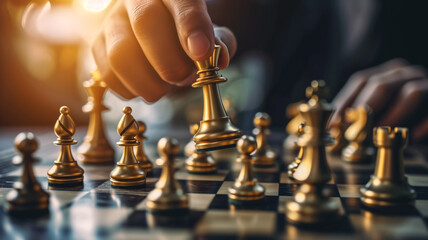 Hand moving a gold queen chess piece during game. Strategy and intelligence concept. Design for chess clubs, strategic thinking, and competitive gameplay advertisements. 