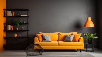 Interior design of modern apartment with colorful dark walls and orange sofa. Interior mockup 