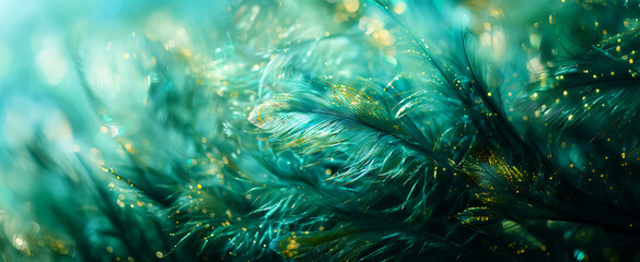 Fototapeta na wymiar Close-up of light green and dark aquamarine feathers. Gold sprinkles with blurred edges, abstract background.