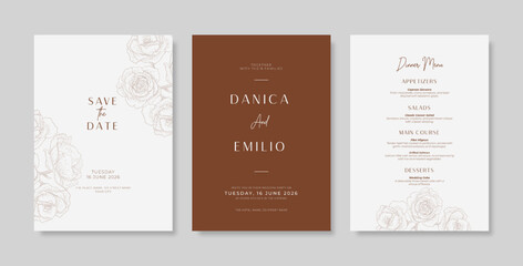 Wedding invitation template with engraved leaves. Simple and minimalist wedding engagement template	