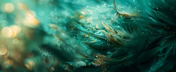 Close-up of light green and dark aquamarine feathers. Gold sprinkles with blurred edges, abstract background.