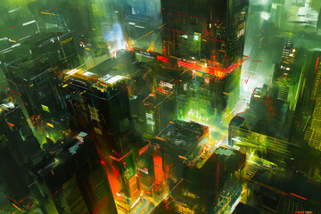 Post apocalyptic city view cityscape. City in ruins. Dystopian future