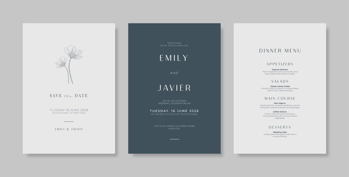 Elegant and minimalist black white wedding invitation. Simple engraved wedding card template