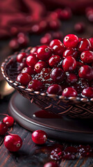 Beautiful presentation of Cranberry sauce drizzled in a lattice pattern, hyperrealistic food photography