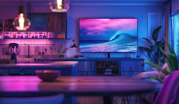 Futuristic interior living room design with neon lights, created with AI