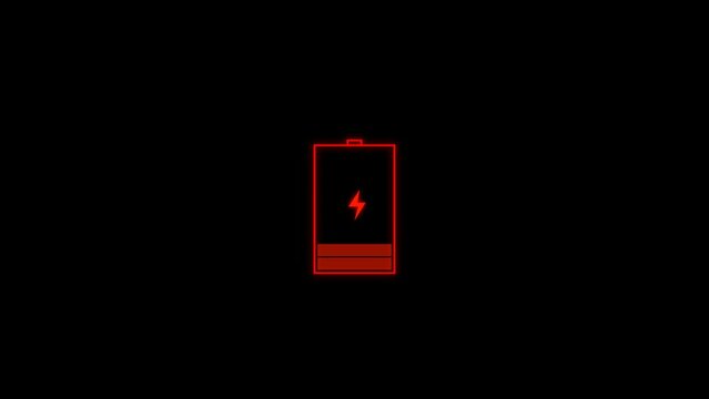 Simple animation of a low battery indicator on a black screen background. Flat design moving image of a low battery.