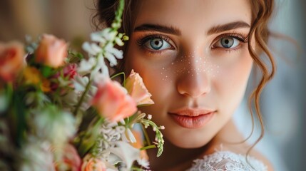 Closeup portrait of a beautiful youthful bride holding flowers next to her face