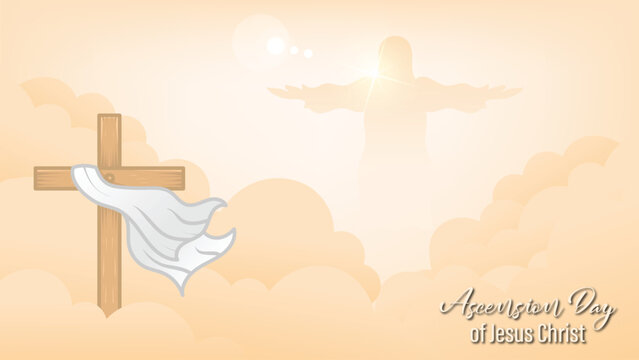 vector design for greeting the ascension of Jesus the Messiah for Christians. with ornaments of sky, clouds, Jesus, cross