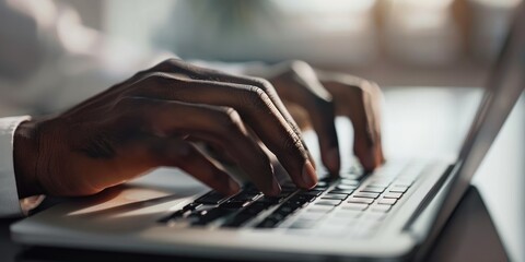 Close up shot of two hands using a laptop keyboard, office, created with AI