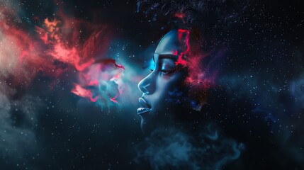 Double exposure beautiful woman with a explosion colorful paint splash