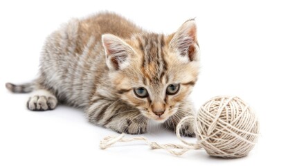 Obraz premium Kitten playing with a yarn ball on a white background