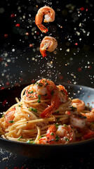 Beautiful presentation of Lemon garlic shrimp scampi pasta, hyperrealistic food photography