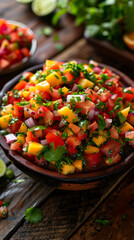 Beautiful presentation of Mango salsa dotted in a polka dot pattern, hyperrealistic food photography