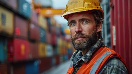 an employee man in vest and hard hat stands in a seaport between rows of containers - obrazy, fototapety, plakaty