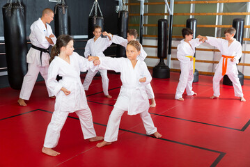 Fototapeta premium Serious pair of little girls practicing new taekwondo moves during class