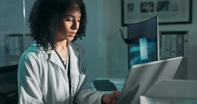Science, night and woman at computer thinking, brainstorming or checking online results for study. Medical research, healthcare and scientist at desk with website search for problem solving in lab