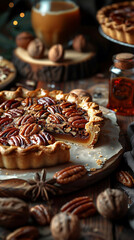 Fototapeta na wymiar Beautiful presentation of Pecan Pie, hyperrealistic food photography