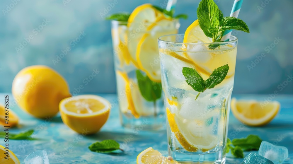 Wall mural Refreshing lemonade with fresh mint and lemon slices in a glass Perfect summer beverage