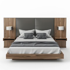 3D Render of a contemporary bed frame with bedside tables, on isolated white background, Generative AI
