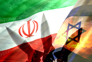 Raketen und Flaggen von Israel und Iran