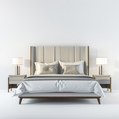 3D Render of a contemporary bed frame with bedside tables, on isolated white background, Generative AI