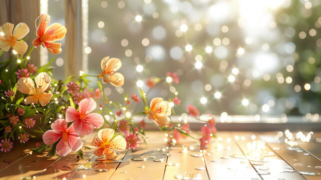 Dew drops sparkle on flowers placed on a beige wooden table against the backdrop of a large window photo.