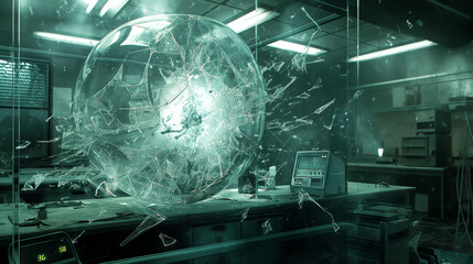 Image of mutants escaping quarantine in a laboratory. The lab is a chaos of shattered glass, sci-files.