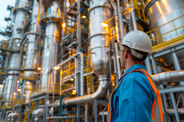Engineer standing at Industrial view at oil refinery plant from industry zone.