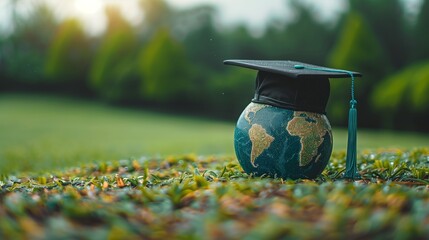 A black graduation cap sits on top of a globe on green grass.