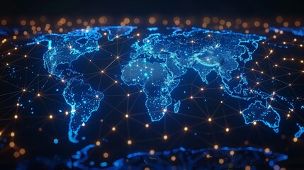 A glowing blue world map made of glowing dots and connected by glowing lines on a black background.